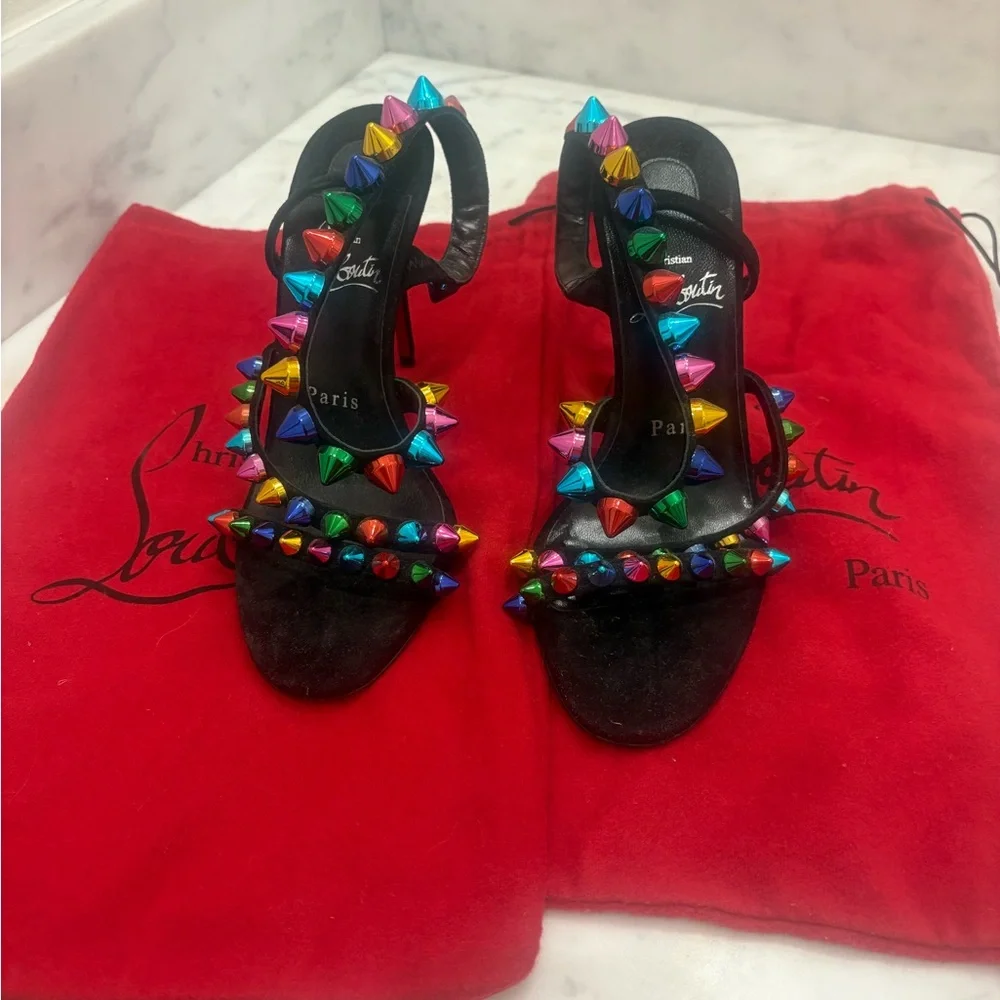 Christian Louboutin Black Leather Multicolor Spike Slingback Sandals